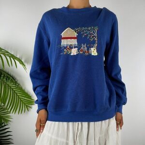 Women's Vintage 90s Blue Cottagecore Embroidered Grandma Pullover Sweater / S/M